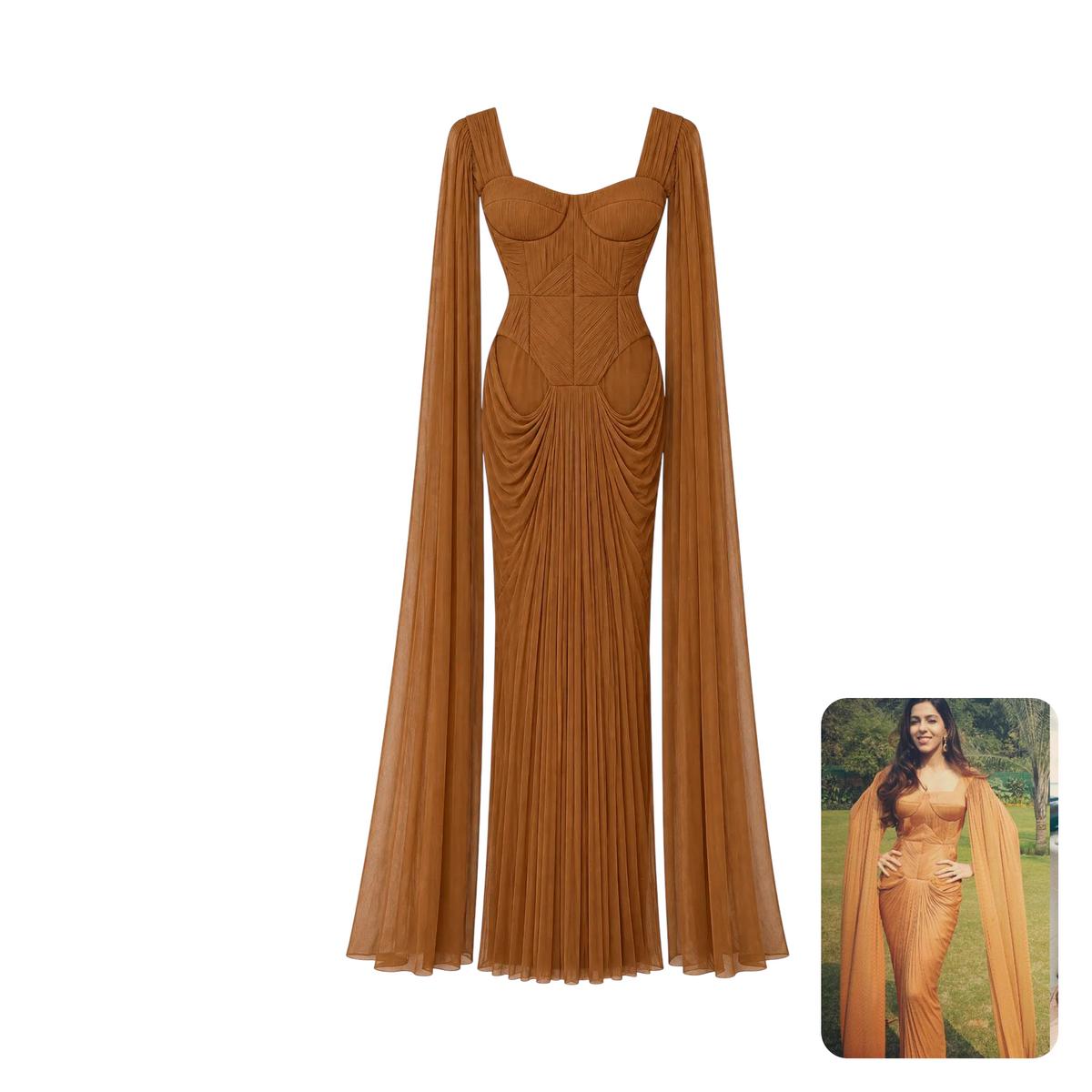 Shantnu Nikhil Cinnamon Brown Ruched Corset Maxi Dress