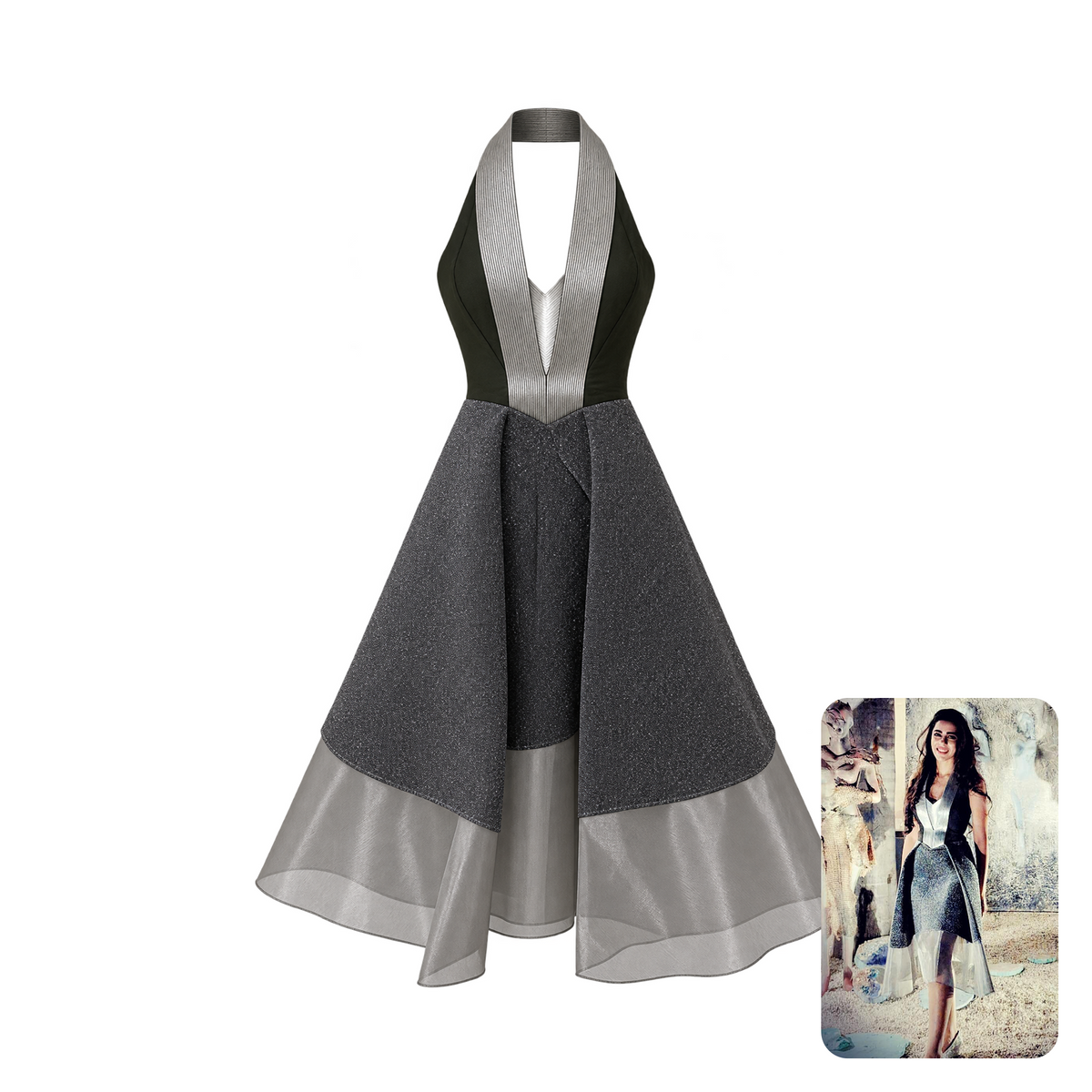 Amit Aggarwal Olive Green Halter Metallic Asymmetric Dress