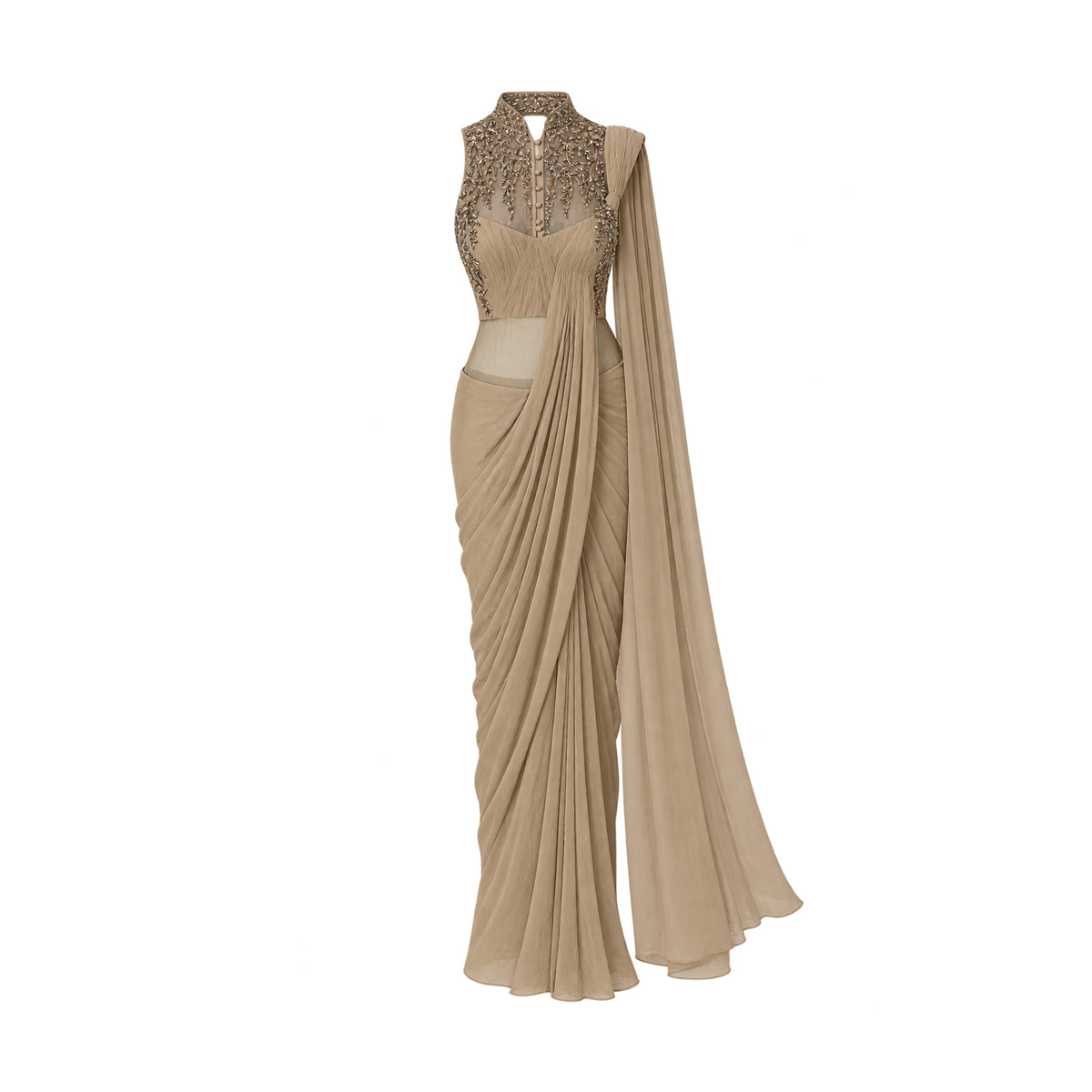 Beige Embroidered Pre-Draped Saree