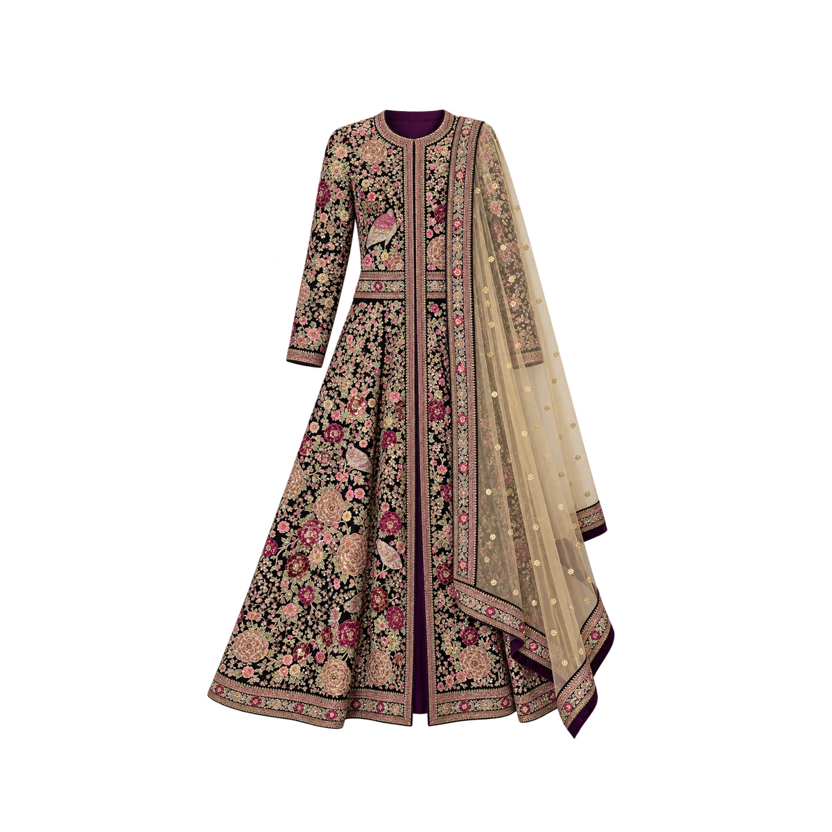 Black Anarkali Jacket in Antique Gold Floral Detailing with Dupatta