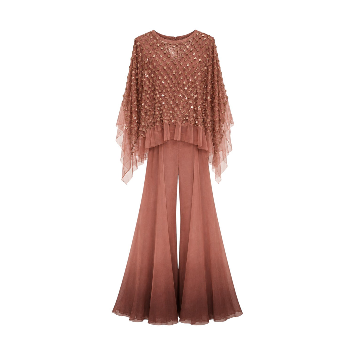 Rust Brown Embellished Sheer Cape and Sharara Set