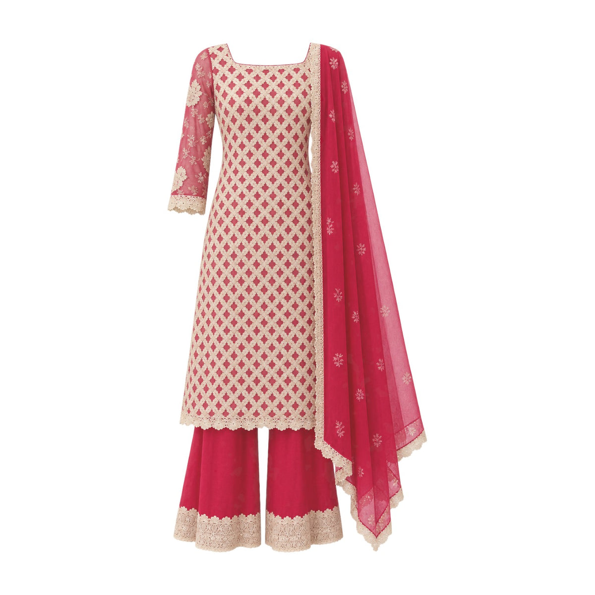 Ivory & Red Embroidered Kurta Palazzo Suit Set