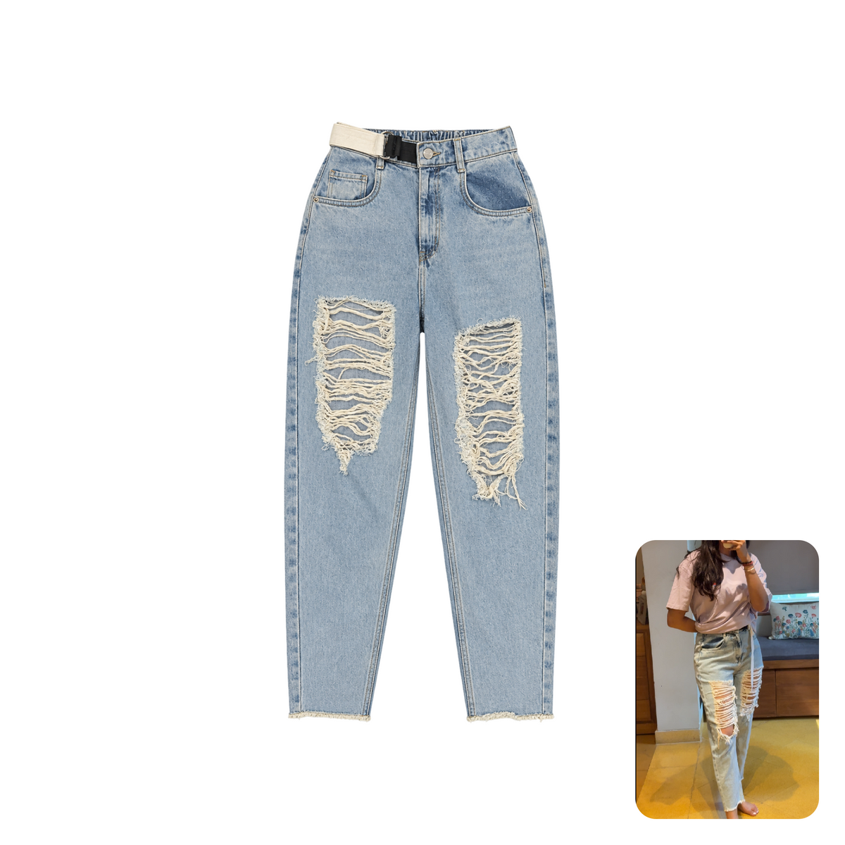 Freakins Distressed Denim Jeans with Belt