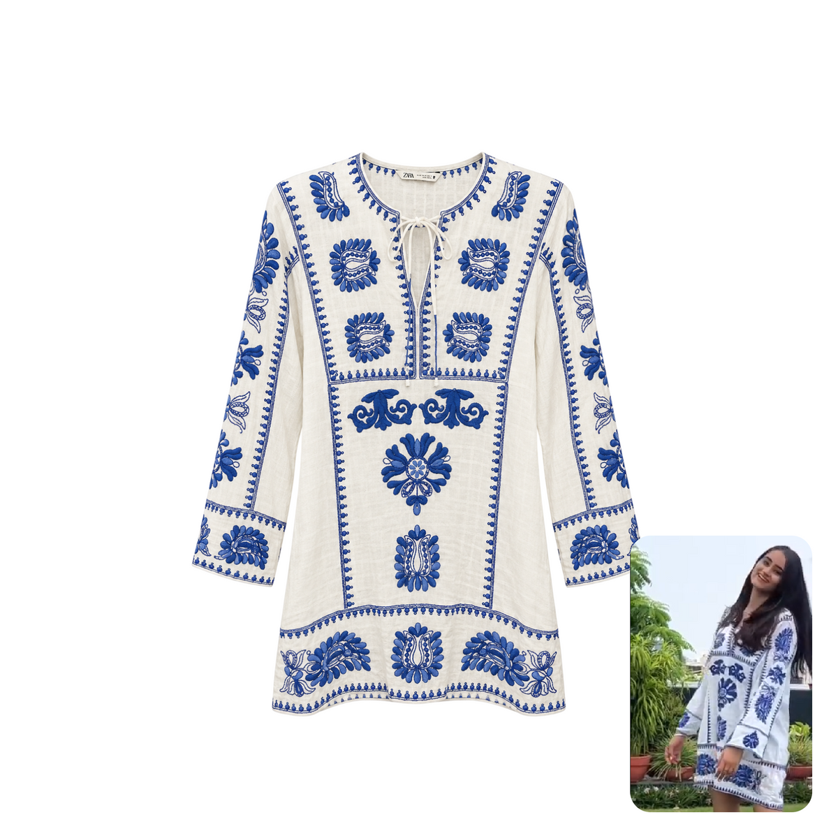 Zara Blue Embroidered Kaftan Tunic Dress