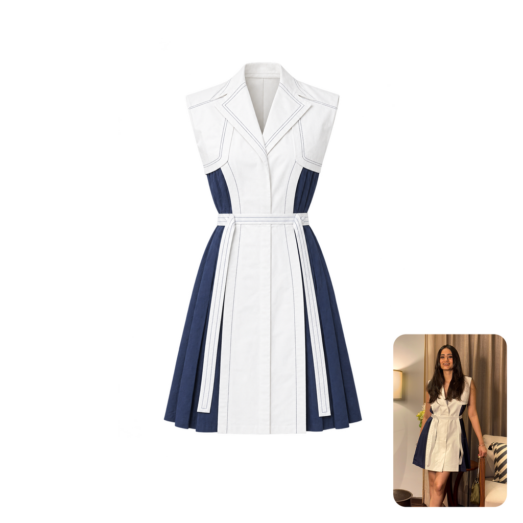 Ombrello Pleated Cotton Midi Dress with Belt