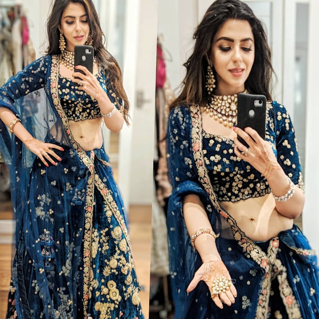 Dolly J Teal Velvet Embroidered Lehenga
