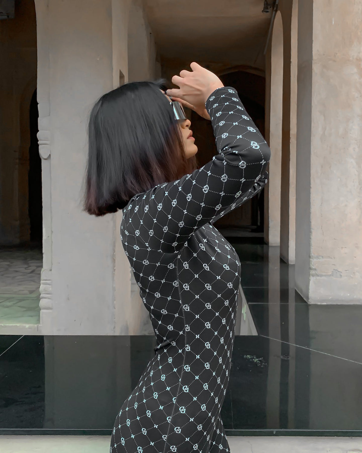 H&M Black Solid Monogram Print Unitard