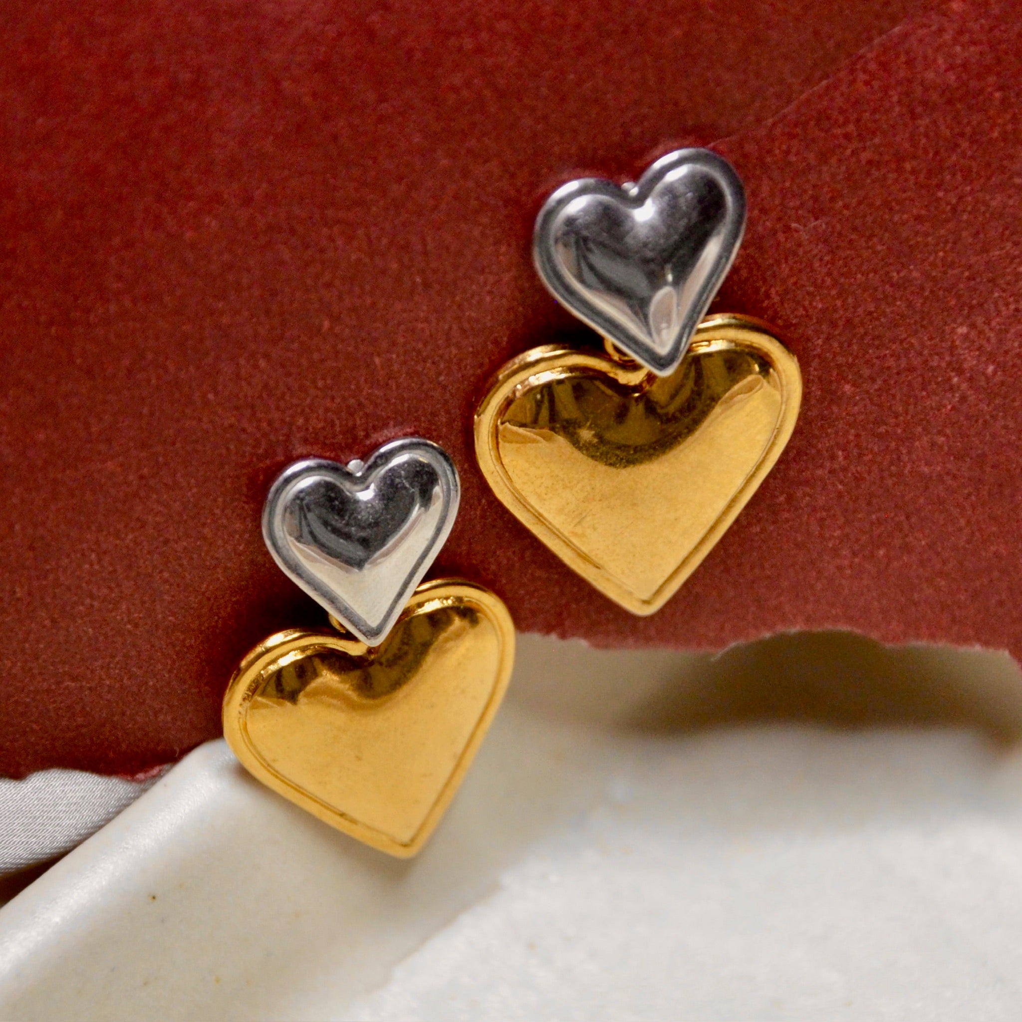 Inverse Gold Silver Hearts Earrings