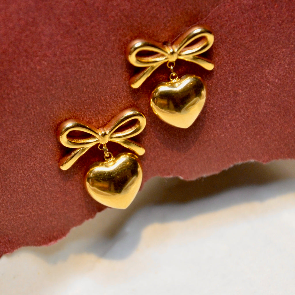 Gold Bow Heart Earrings