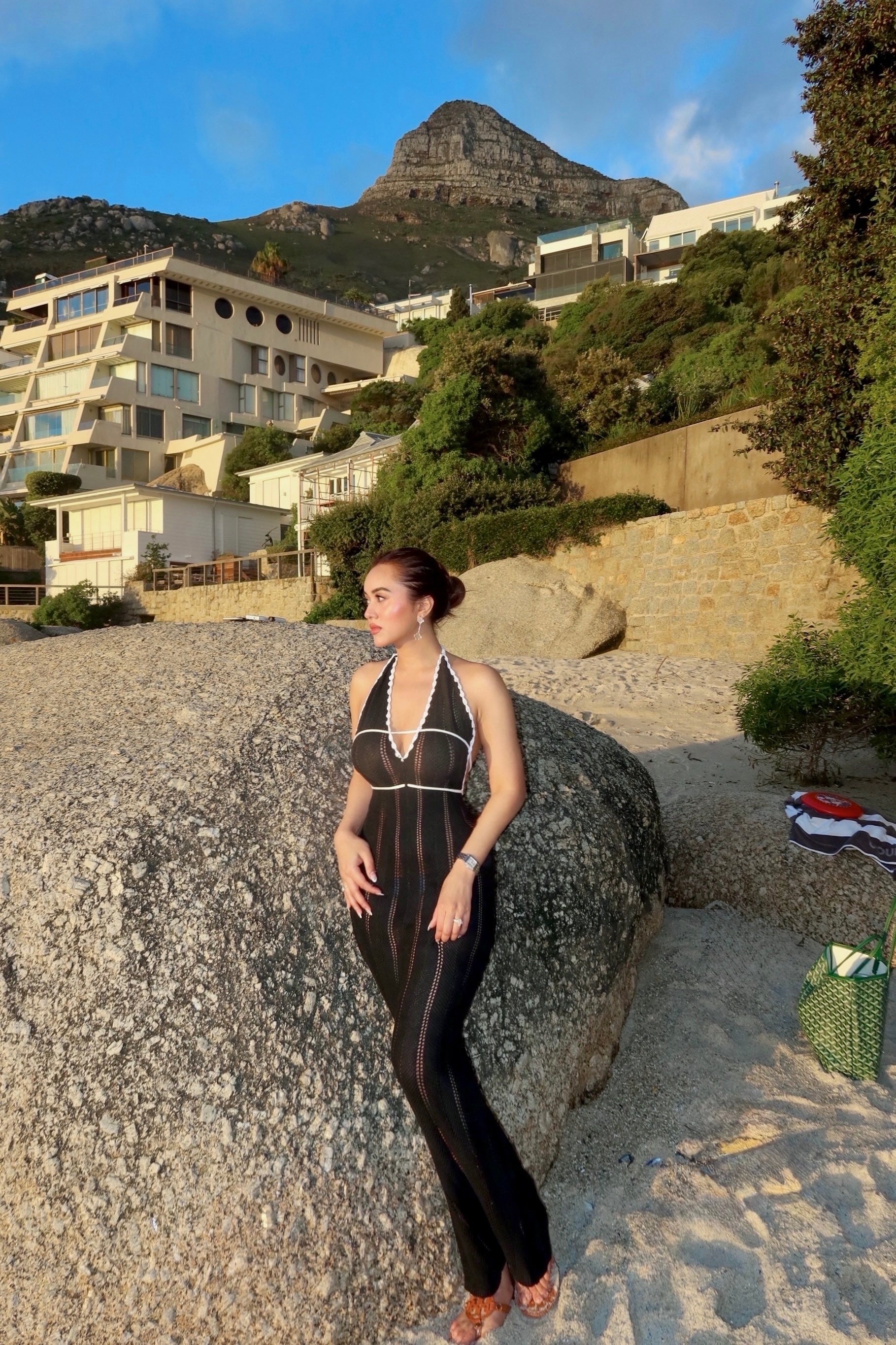 Black Contrast-Trim Halter Maxi Dress
