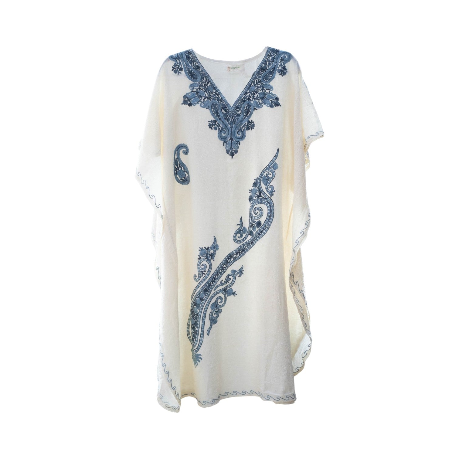 Namastay Ivory Kashmiri Embroidered Long Cotton Kaftan