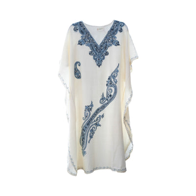Namastay Ivory Kashmiri Embroidered Long Cotton Kaftan