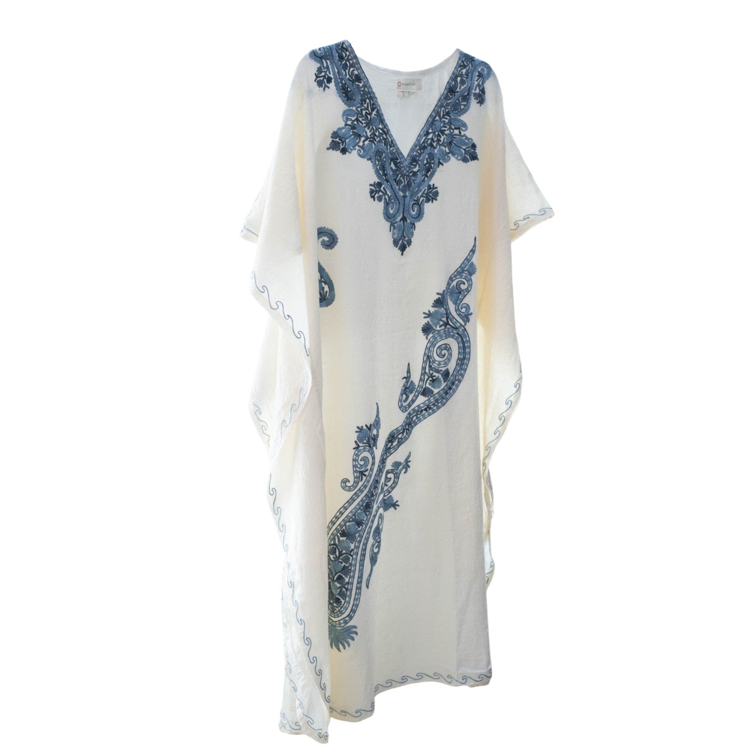 Namastay Ivory Kashmiri Embroidered Long Cotton Kaftan