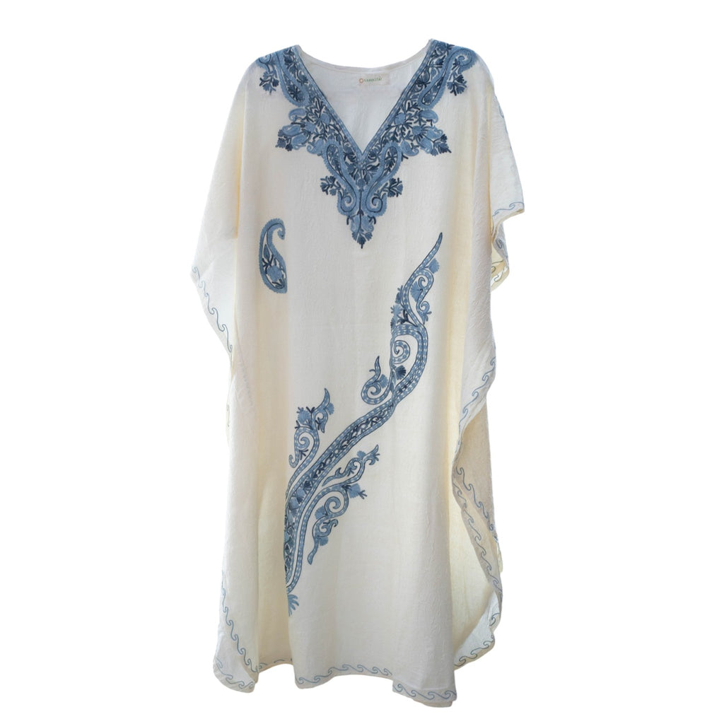 Namastay Ivory Kashmiri Embroidered Long Cotton Kaftan