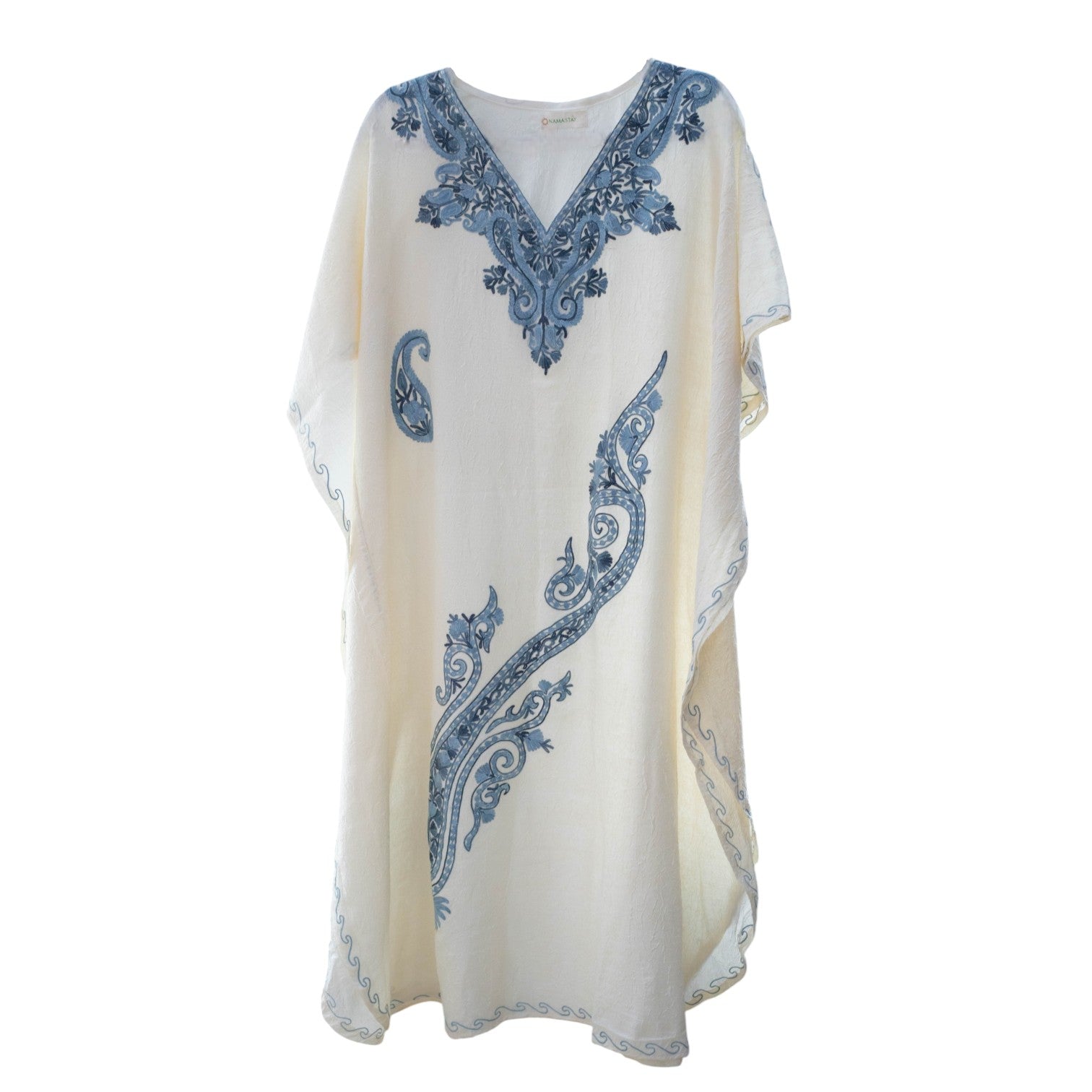 Namastay Ivory Kashmiri Embroidered Long Cotton Kaftan