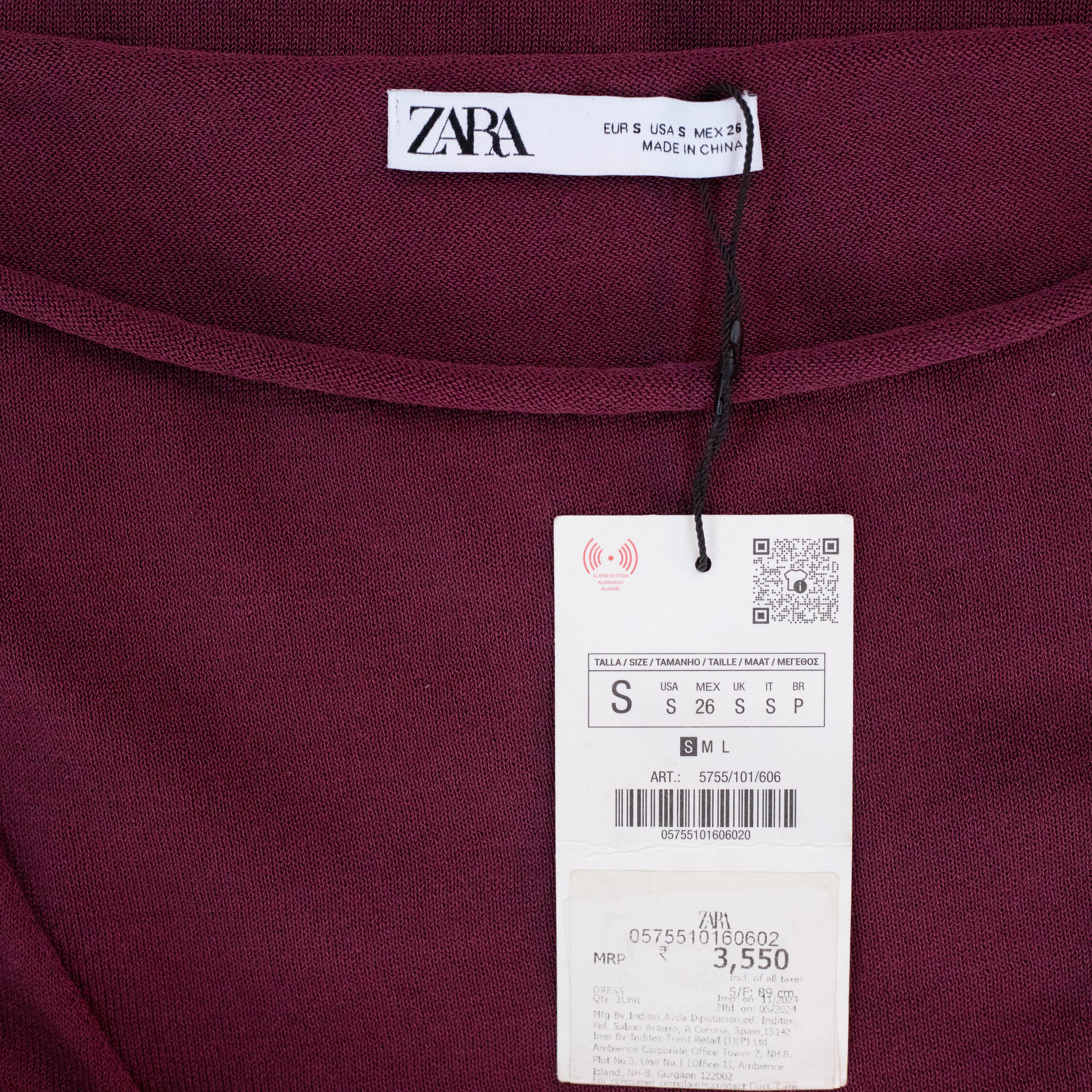 Zara Wine Ruched Waist Details Dress