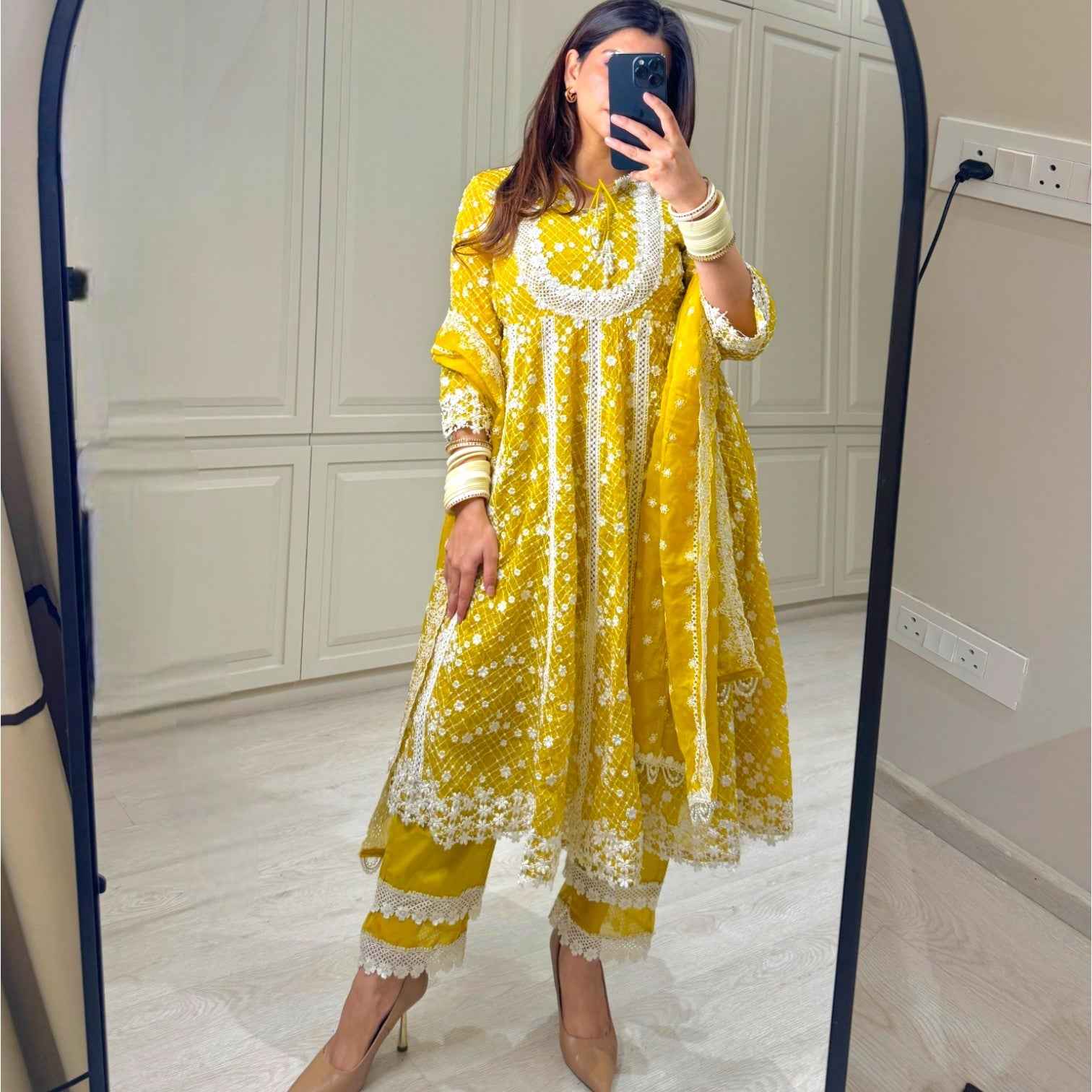 Mulmul Yellow Embroidered Anarkali Set