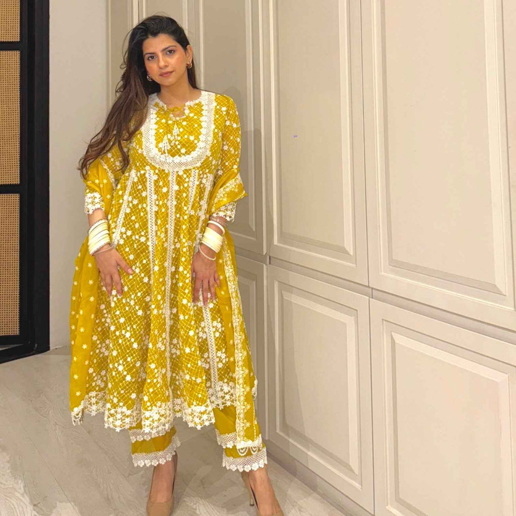 Mulmul Yellow Embroidered Anarkali Set