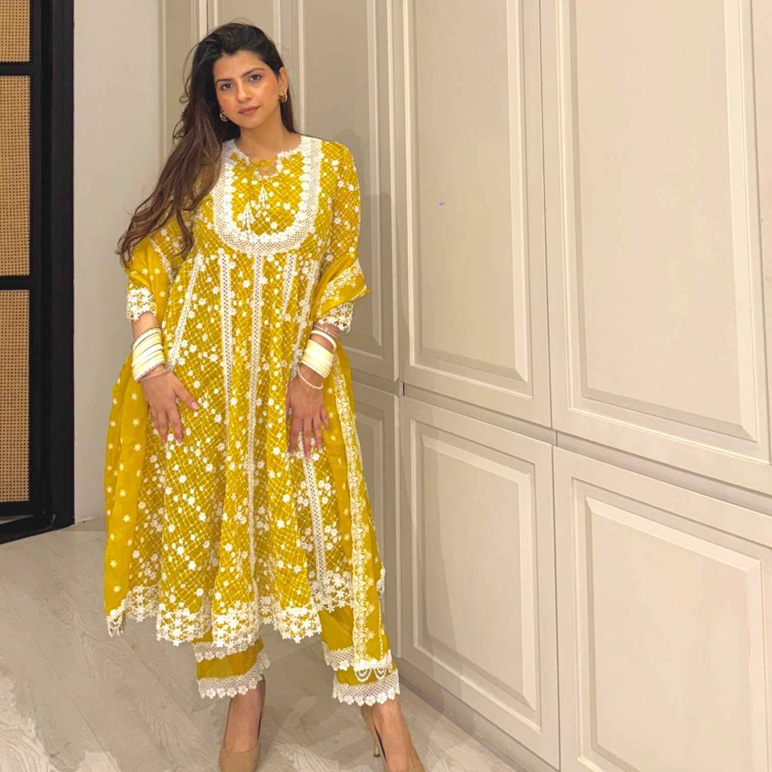 Mulmul Yellow Embroidered Anarkali Set