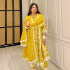 Mulmul Yellow Embroidered Anarkali Set