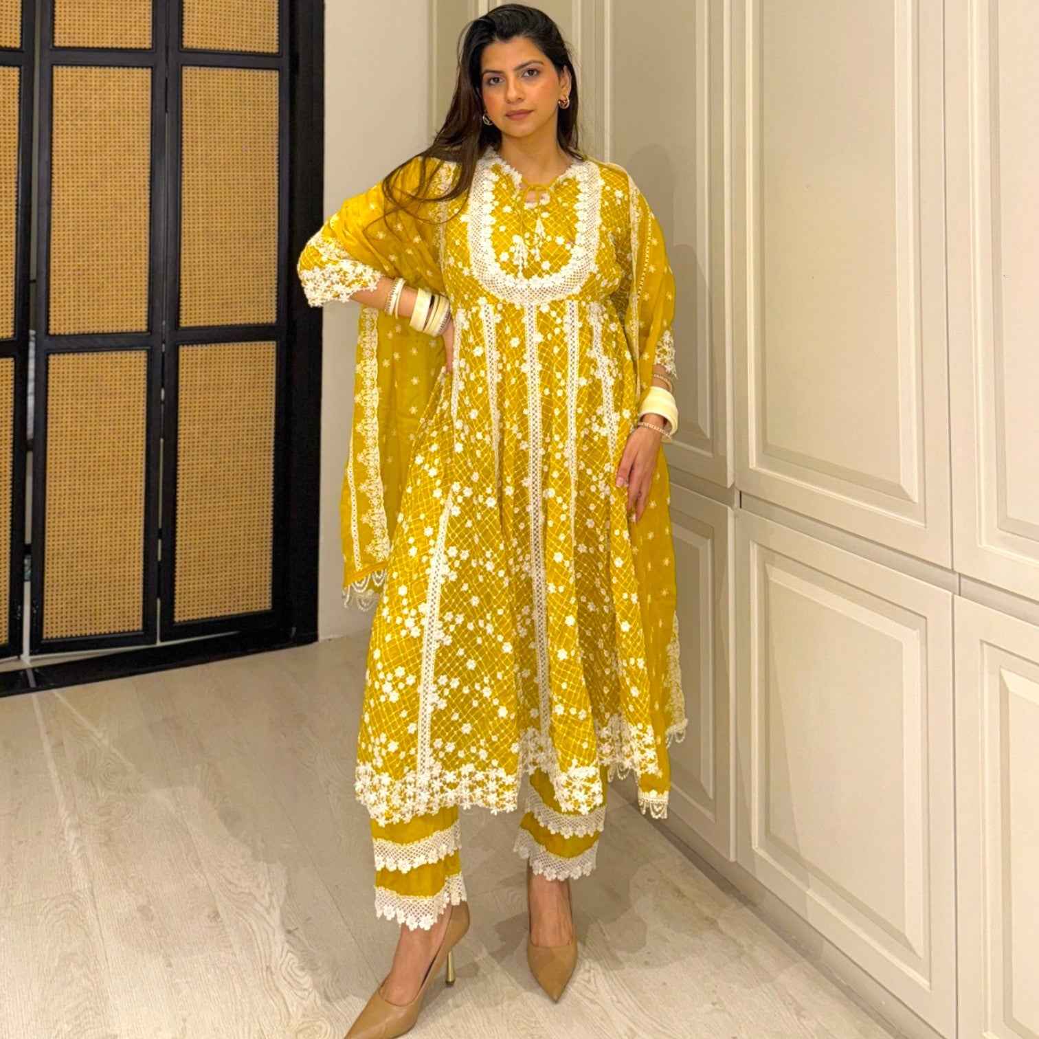 Mulmul Yellow Embroidered Anarkali Set