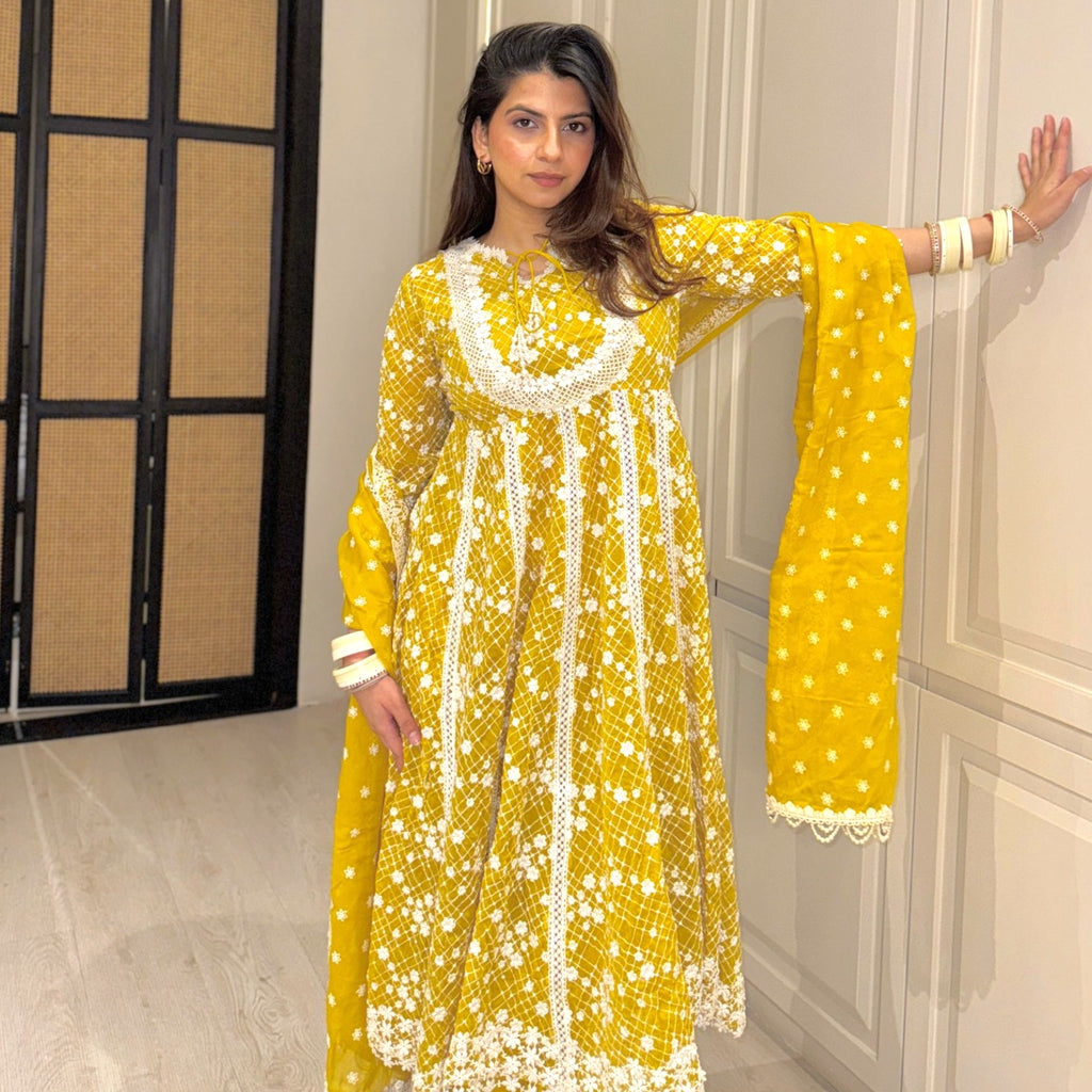 Shop Mulmul Yellow Embroidered Anarkali Set of 3