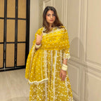 Mulmul Yellow Embroidered Anarkali Set