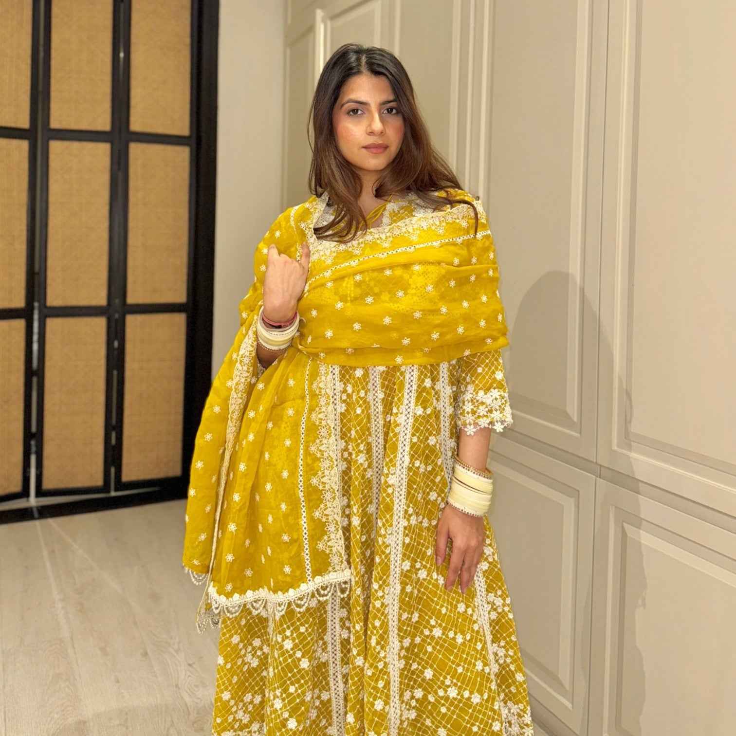Mulmul Yellow Embroidered Anarkali Set