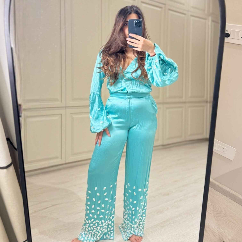 Teal Jumpsuit with Stone Embellished Cuffs