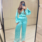 Teal Jumpsuit with Stone Embellished Cuffs