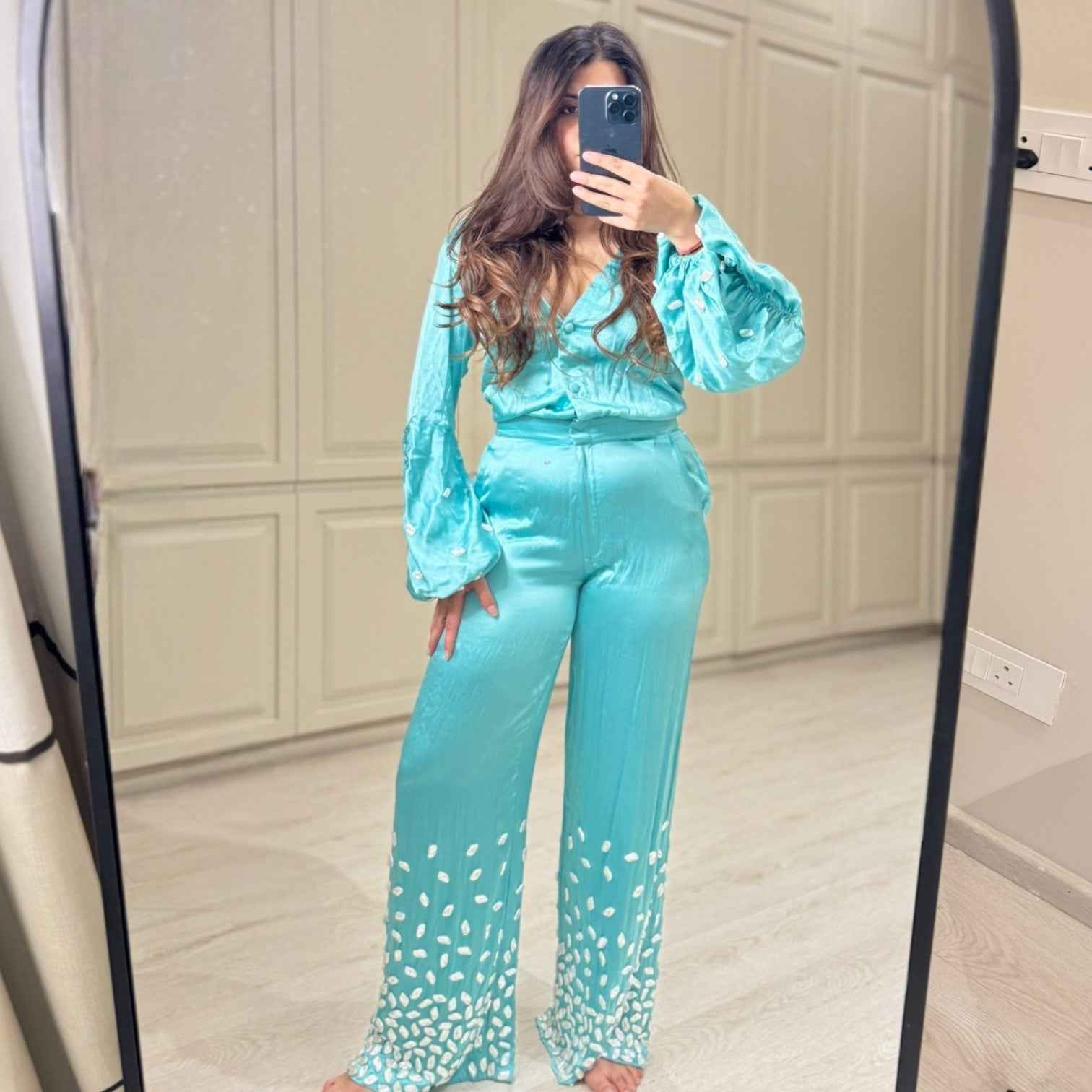 Teal Jumpsuit with Stone Embellished Cuffs