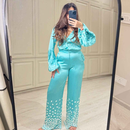 Teal Jumpsuit with Stone Embellished Cuffs
