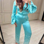 Teal Jumpsuit with Stone Embellished Cuffs