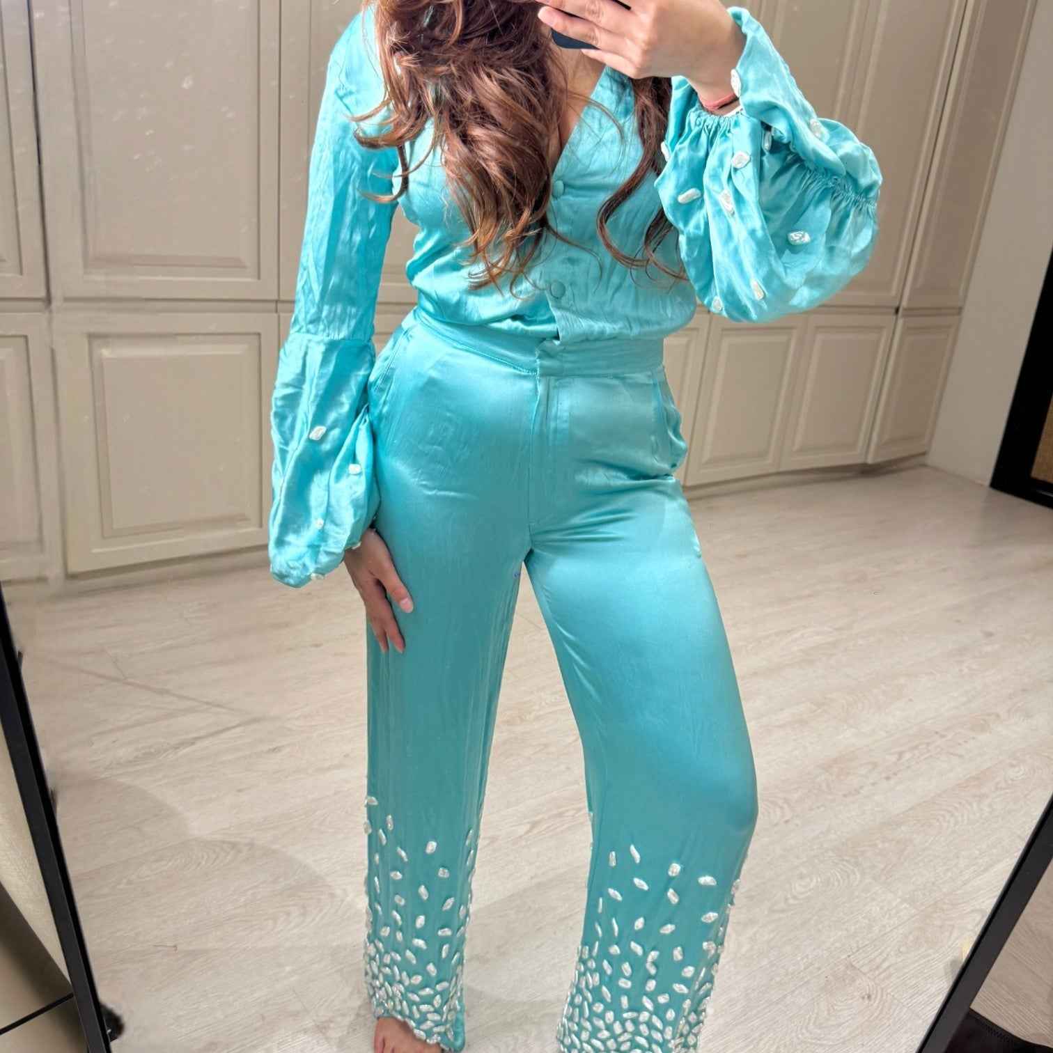 Teal Jumpsuit with Stone Embellished Cuffs
