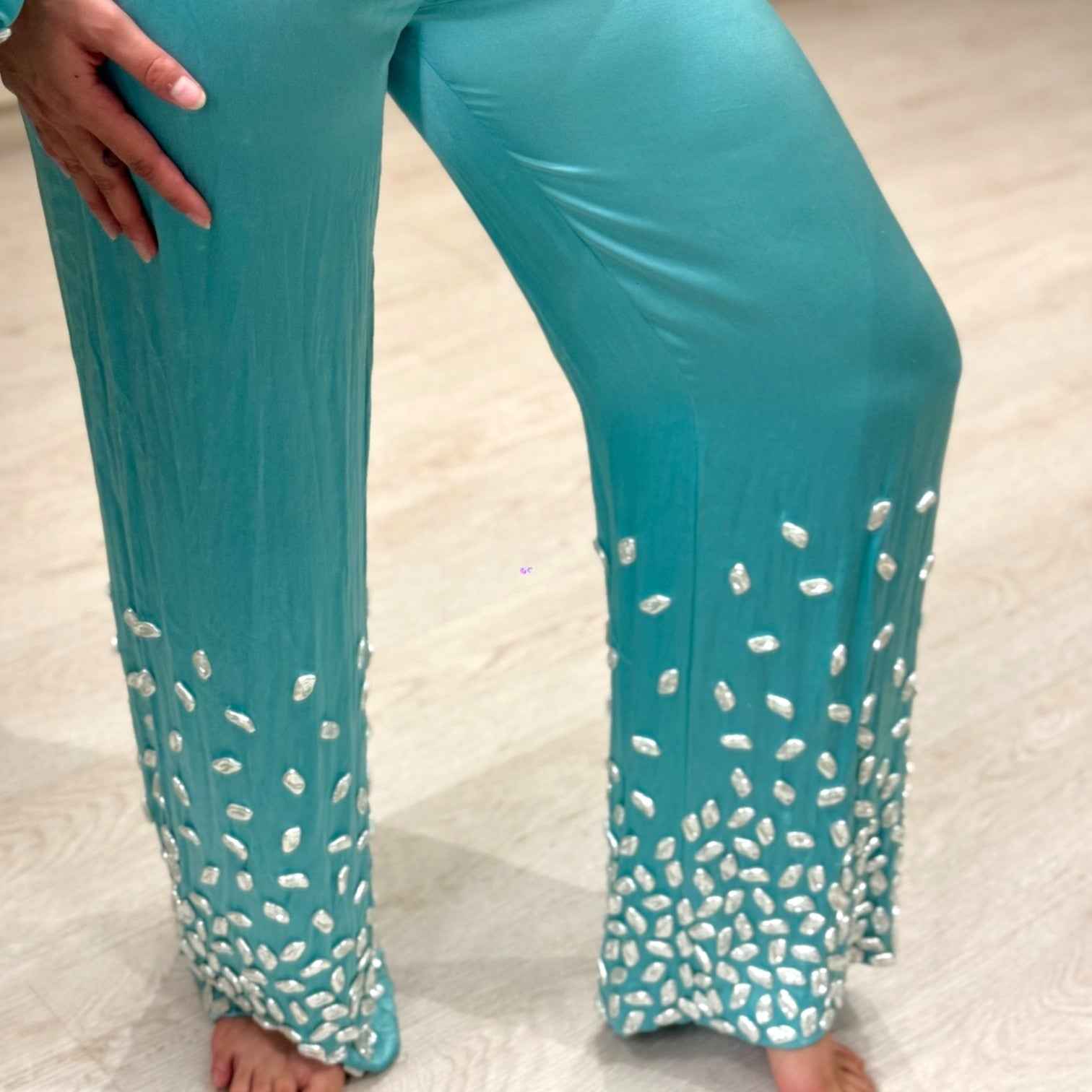 Teal Jumpsuit with Stone Embellished Cuffs