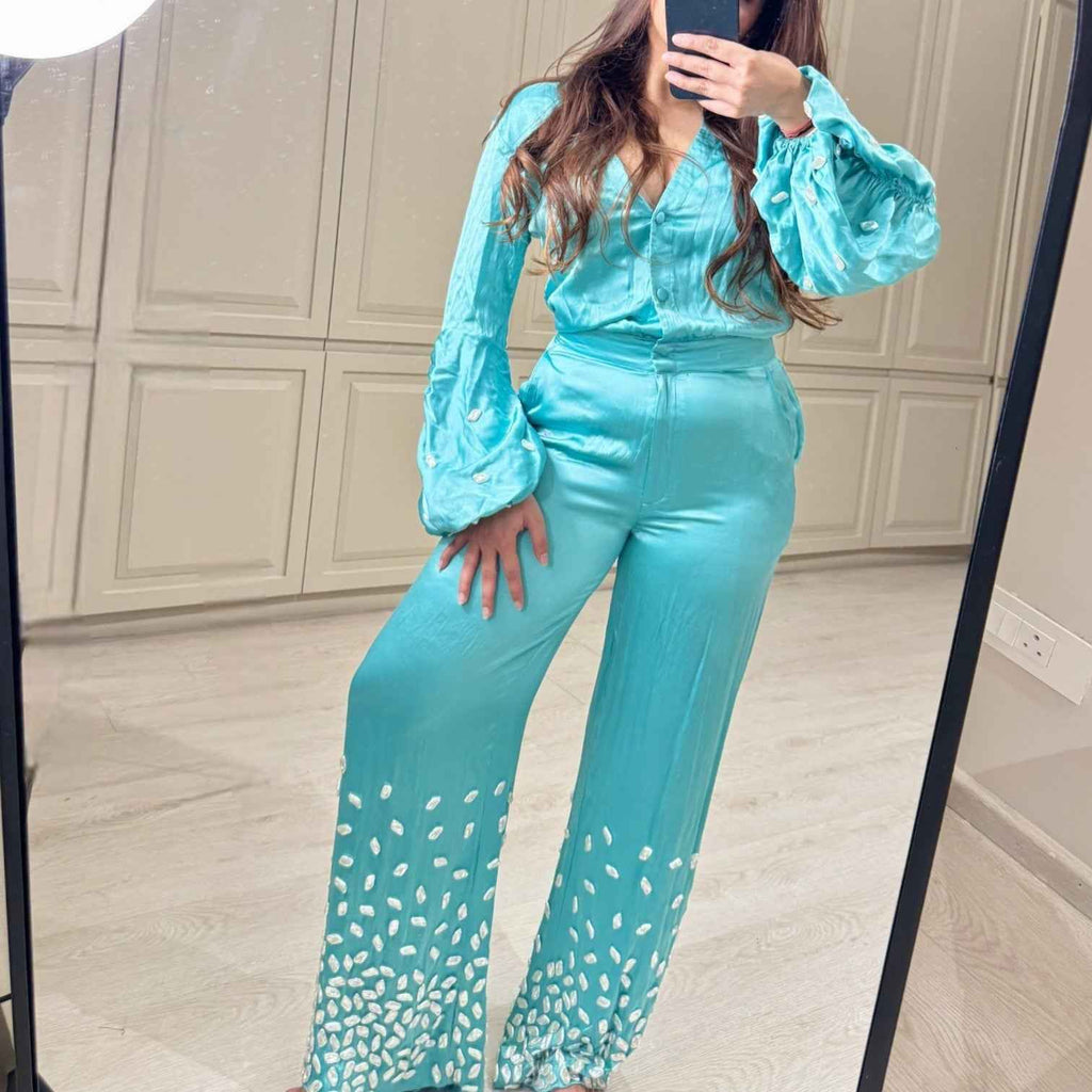 Teal Jumpsuit with Stone Embellished Cuffs