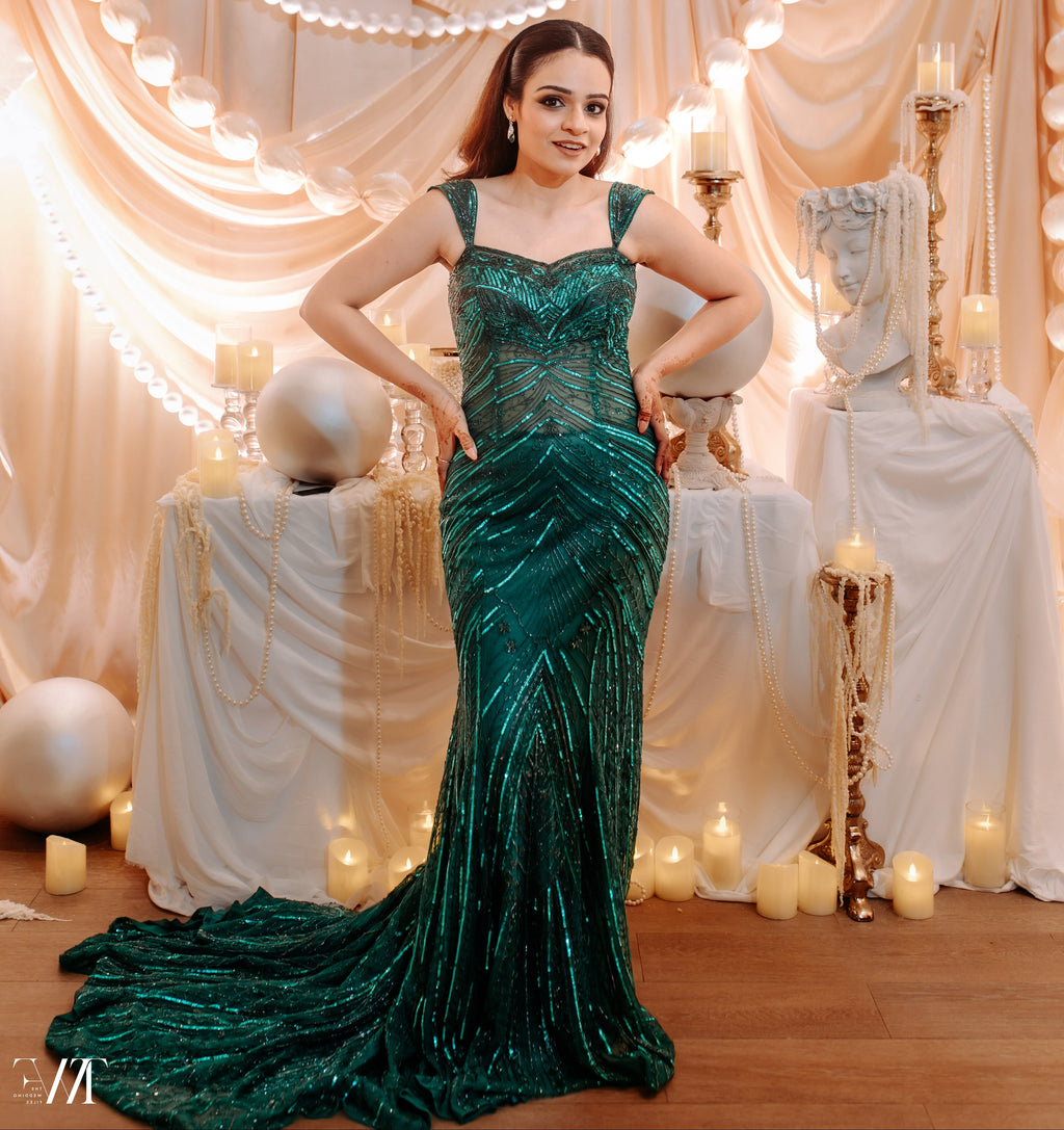 Kaynaat by Aanchal Sawhney Pine Green Fish Cut Lehenga