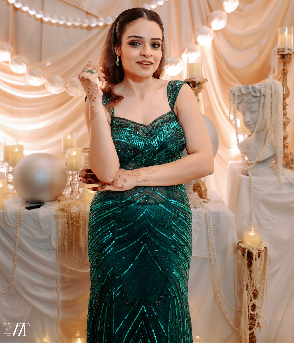 Kaynaat by Aanchal Sawhney Pine Green Fish Cut Lehenga