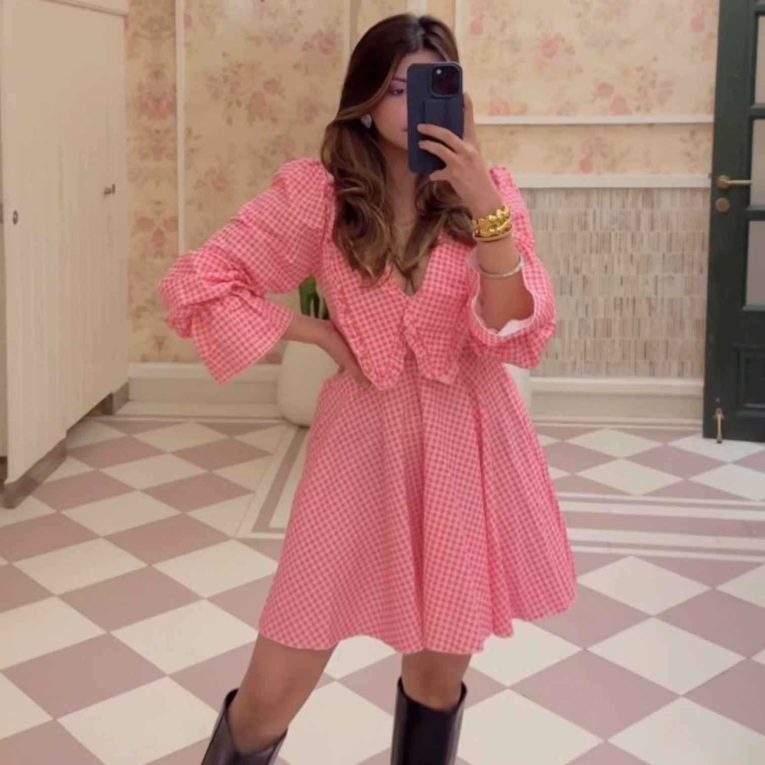 Fancy Pants Gingham Bell Sleeved Mini Dress