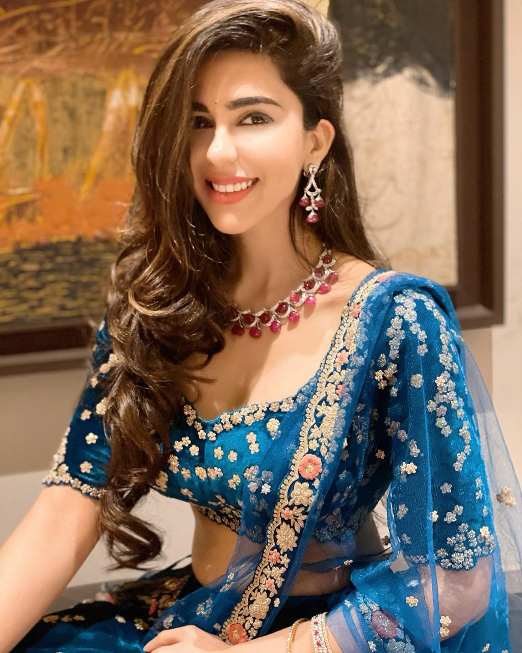 Dolly J Teal Velvet Embroidered Lehenga