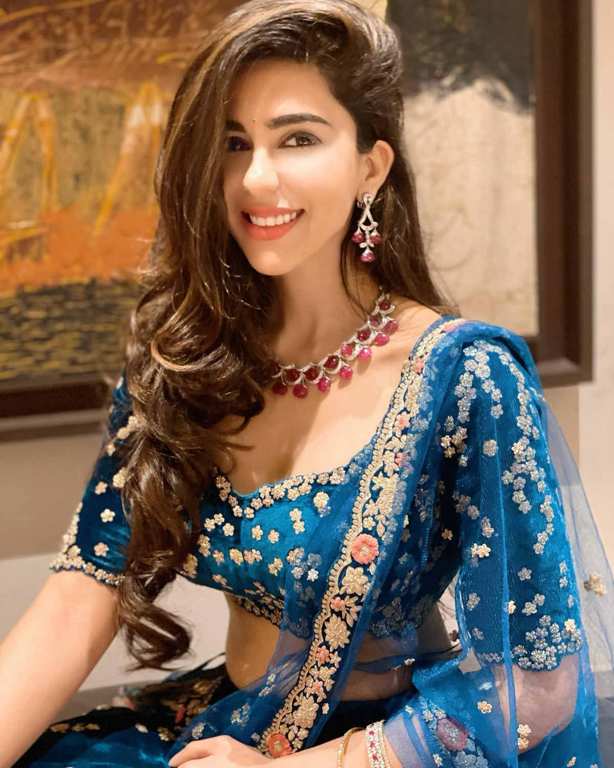 Dolly J Teal Velvet Embroidered Lehenga