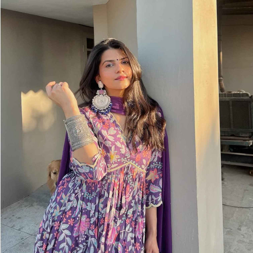 Harsha Khatry Purple Printed A Line suit set - Set of 3
