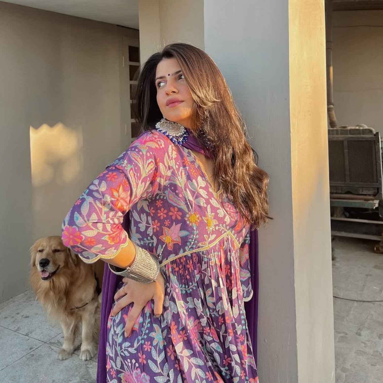 Harsha Khatry Purple Printed A Line suit set - Set of 3