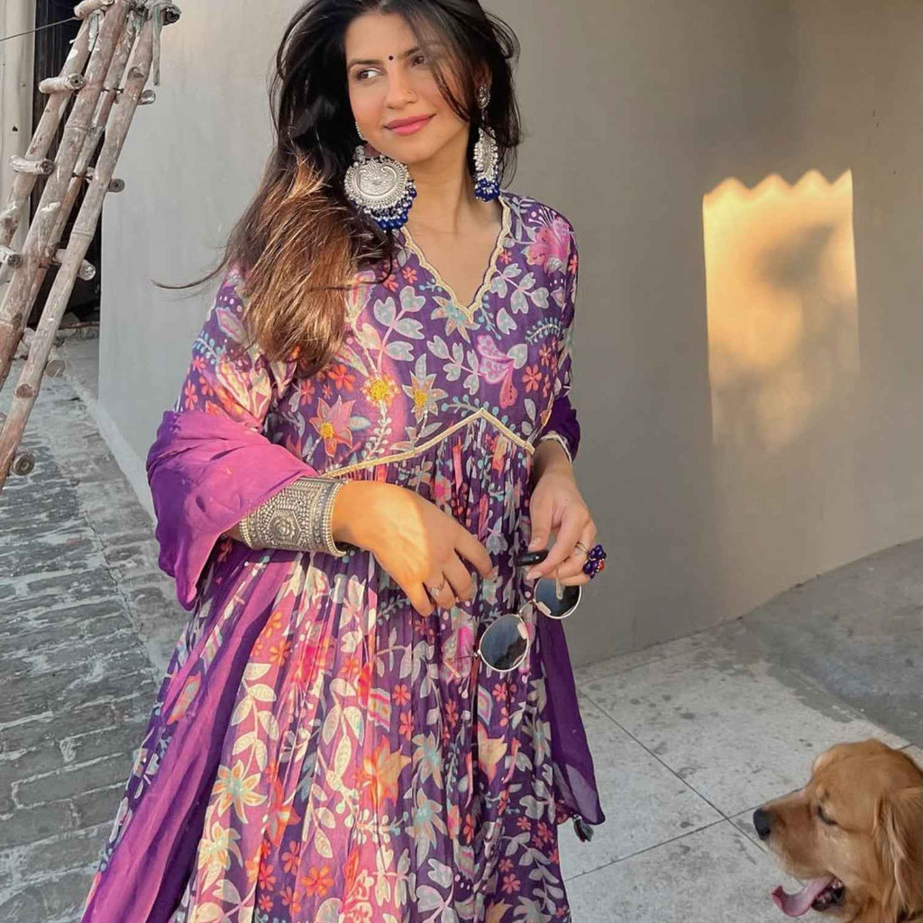 Harsha Khatry Purple Printed A Line suit set - Set of 3