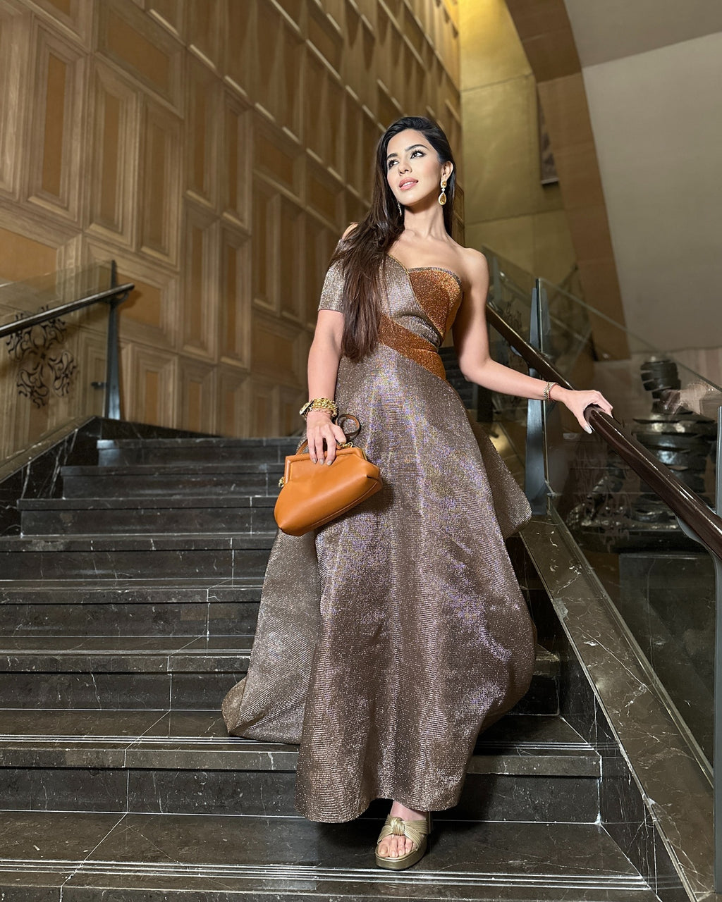 Amit Aggarwal One-Shoulder Copper Gown