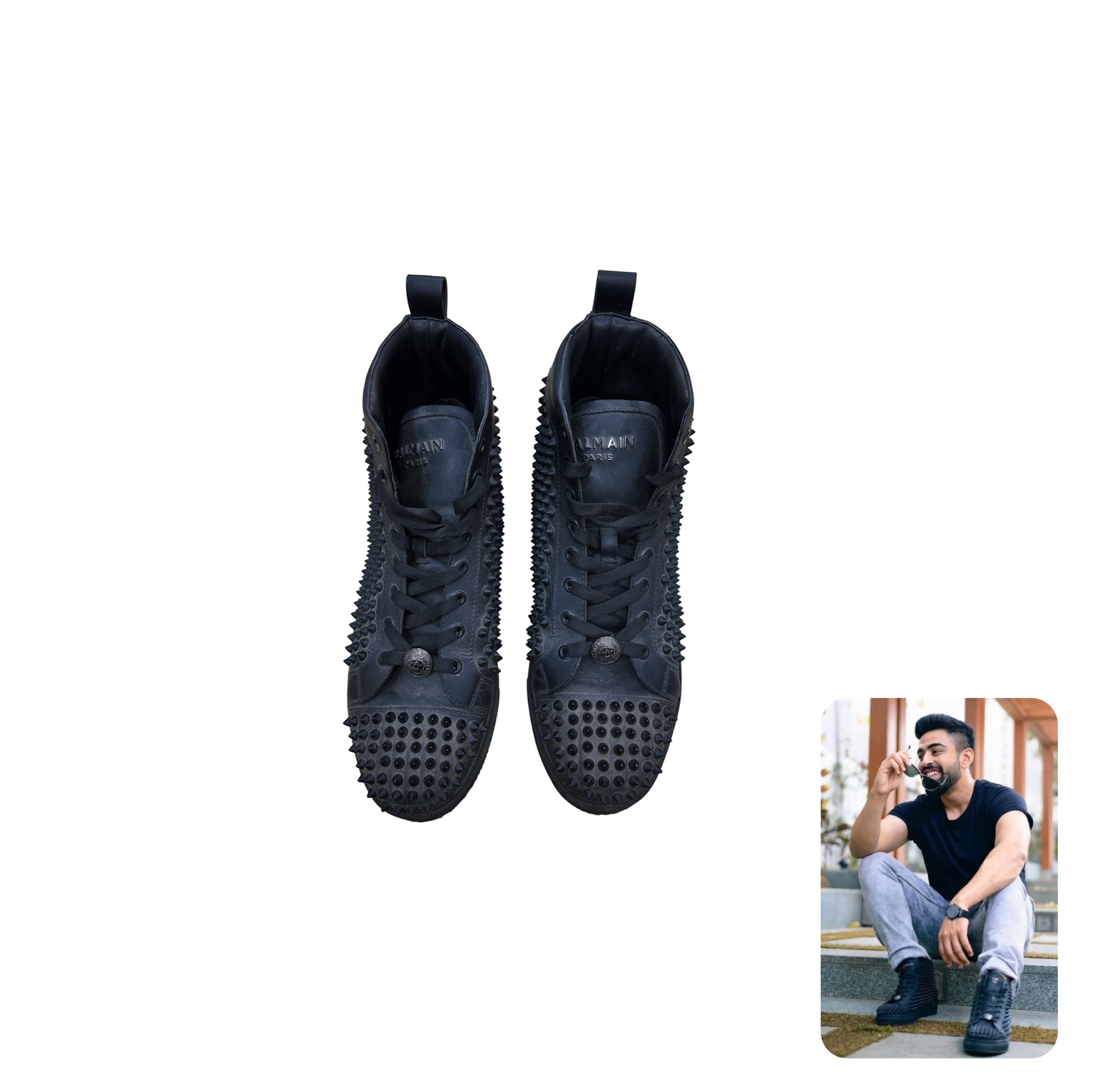 Balmain Black Leather Studded High Top Sneakers