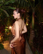 Zara Satin Halter Midi Dress in Brown