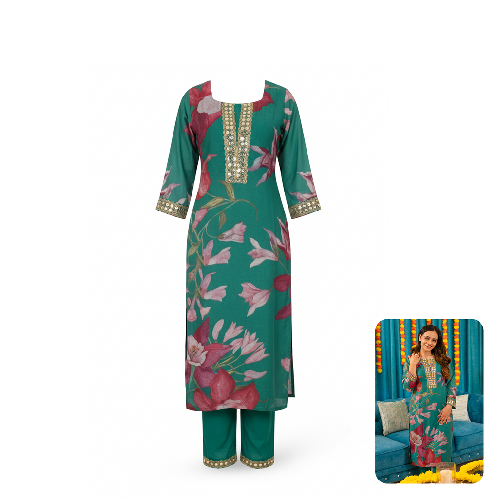 The Loom Green Chanderi Embroidered Kurta with Pants - Set of 2