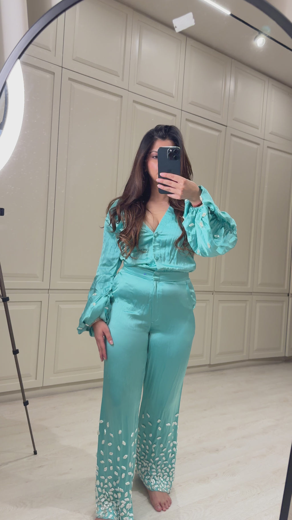 Teal Blue Jumpsuit with Stone Embellished Cuffs