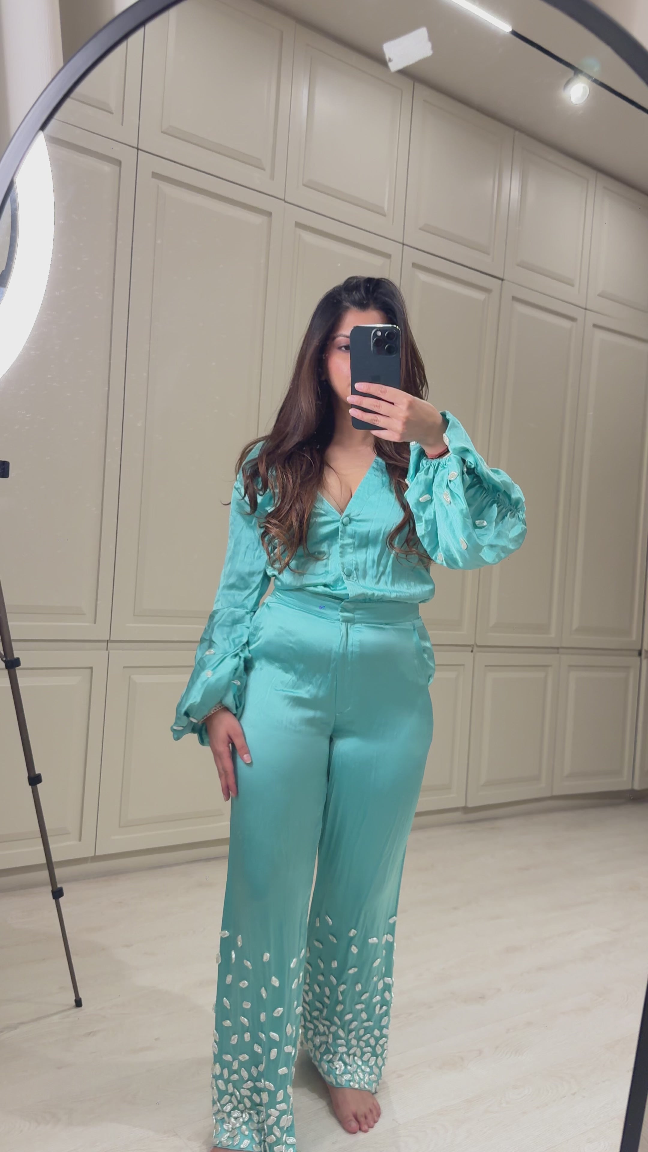 Teal Blue Jumpsuit with Stone Embellished Cuffs